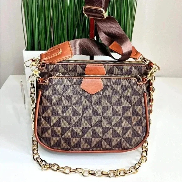 Designer Style Monogram Crossbody Bag Brown Gold Chain NWT - Picture 13 of 13